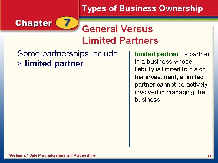 Types of Business Ownership General Versus Limited Partners Some partnerships include a limited partner.