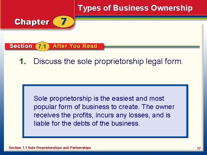 Types of Business Ownership 7. 1 1. Discuss the sole proprietorship legal form. Sole