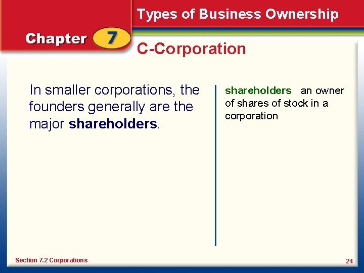 Types of Business Ownership C-Corporation In smaller corporations, the founders generally are the major