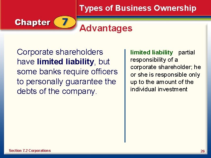 Types of Business Ownership Advantages Corporate shareholders have limited liability, but some banks require