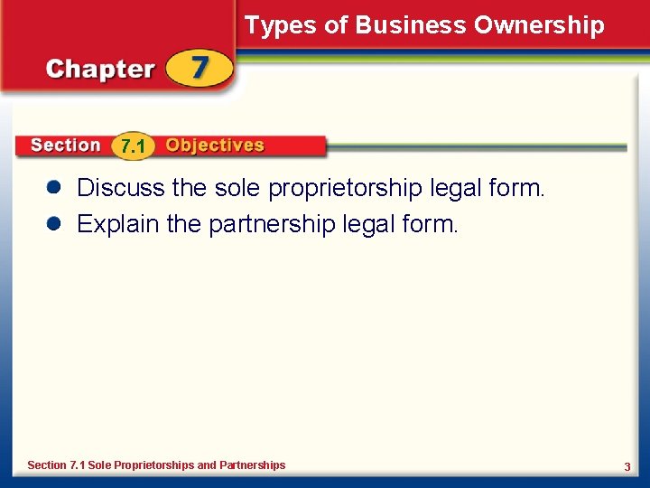 Types of Business Ownership 7. 1 Discuss the sole proprietorship legal form. Explain the