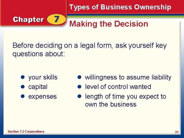 Types of Business Ownership Making the Decision Before deciding on a legal form, ask