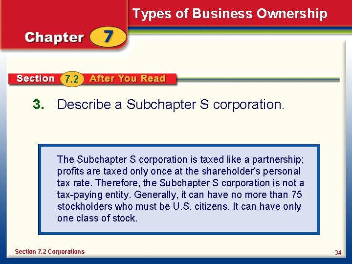 Types of Business Ownership 7. 2 3. Describe a Subchapter S corporation. The Subchapter