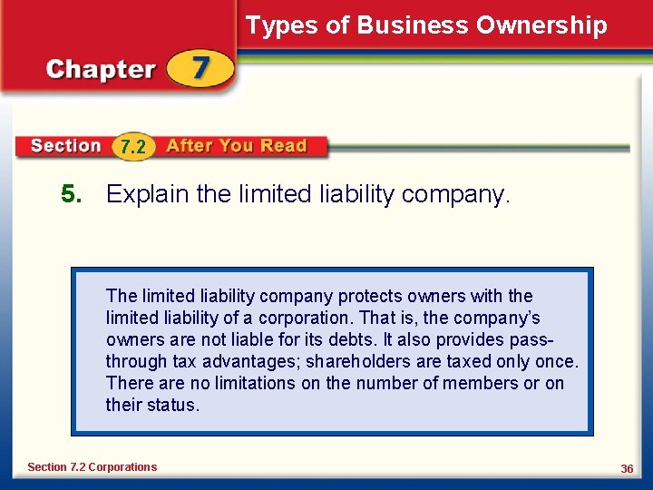 Types of Business Ownership 7. 2 5. Explain the limited liability company. The limited