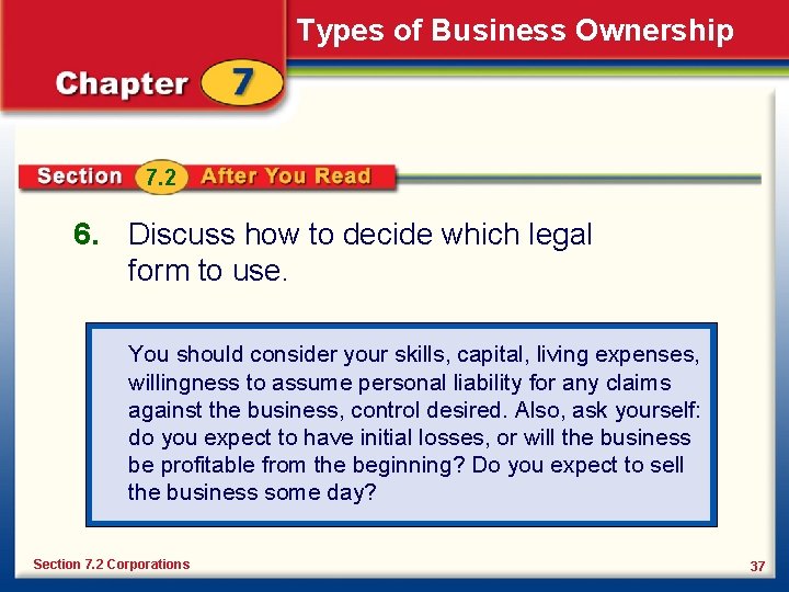 Types of Business Ownership 7. 2 6. Discuss how to decide which legal form