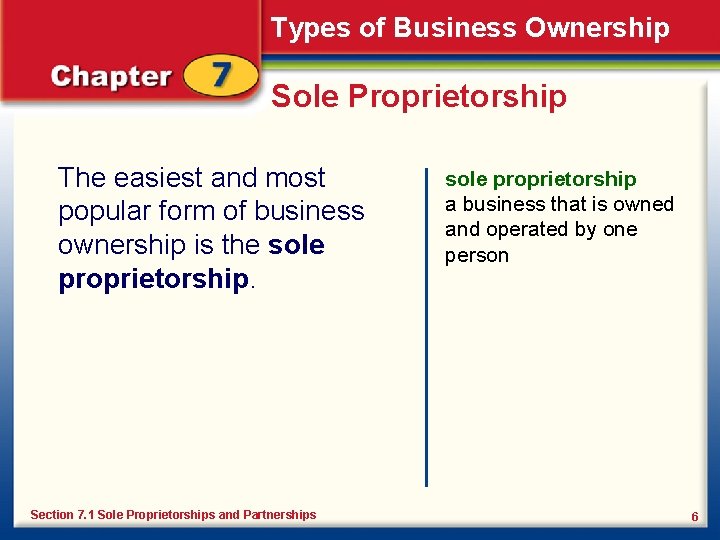 Types of Business Ownership Sole Proprietorship The easiest and most popular form of business