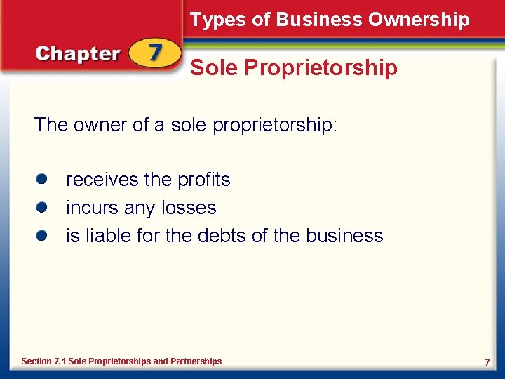 Types of Business Ownership Sole Proprietorship The owner of a sole proprietorship: receives the