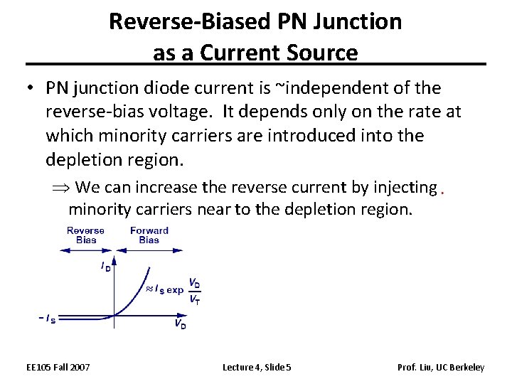 Reverse-Biased PN Junction as a Current Source • PN junction diode current is ~independent