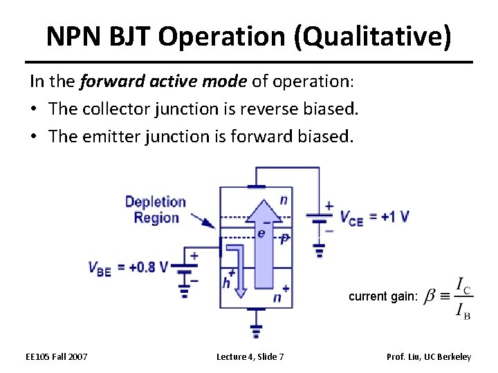 NPN BJT Operation (Qualitative) In the forward active mode of operation: • The collector