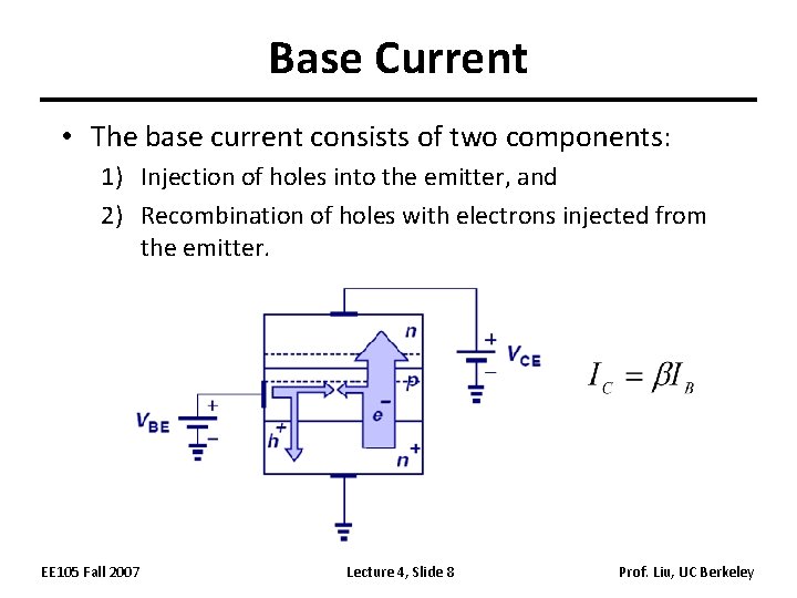 Base Current • The base current consists of two components: 1) Injection of holes