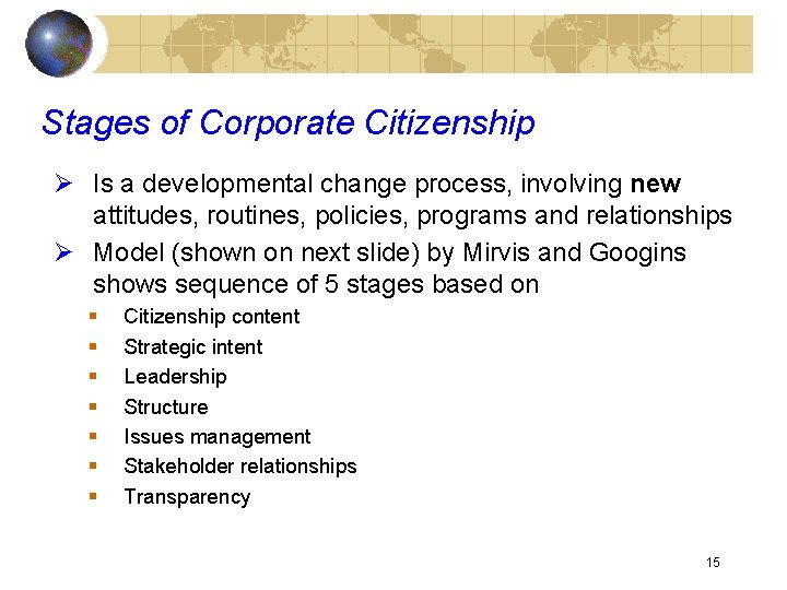 Stages of Corporate Citizenship Ø Is a developmental change process, involving new attitudes, routines,