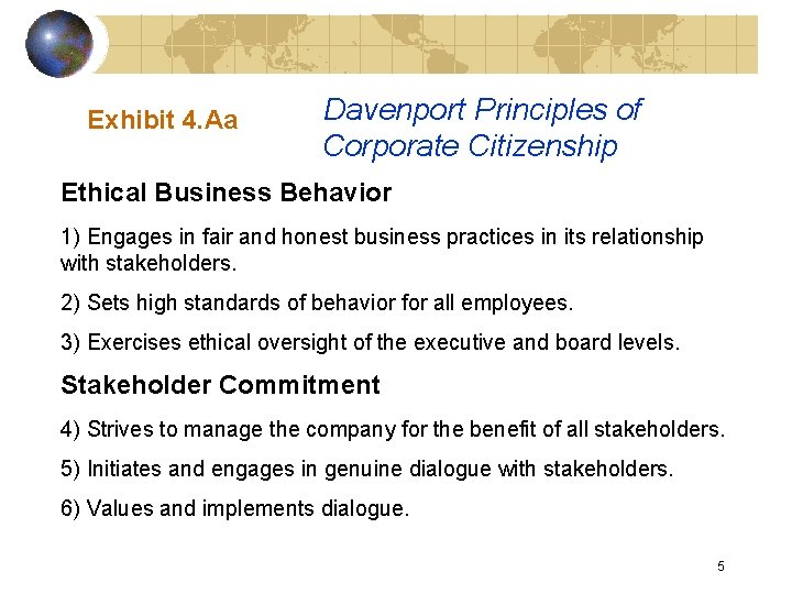 Exhibit 4. Aa Davenport Principles of Corporate Citizenship Ethical Business Behavior 1) Engages in