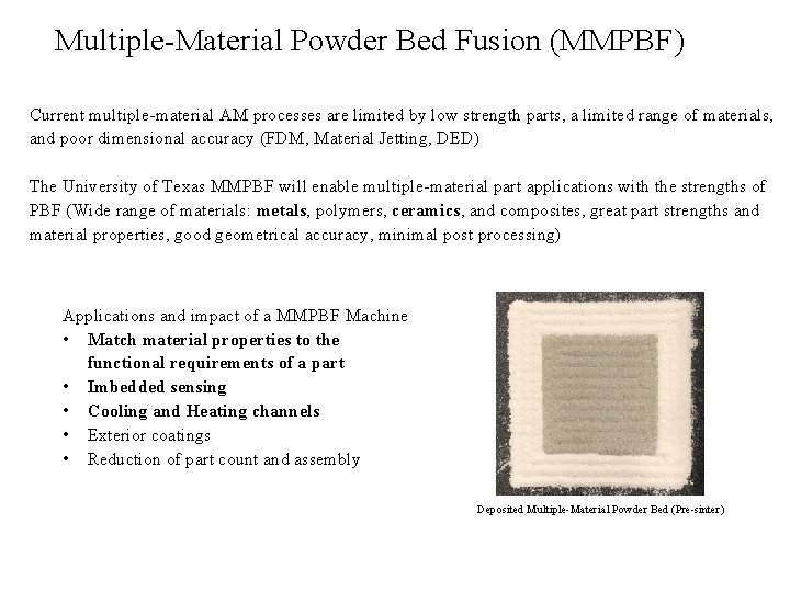 Multiple-Material Powder Bed Fusion (MMPBF) Current multiple-material AM processes are limited by low strength