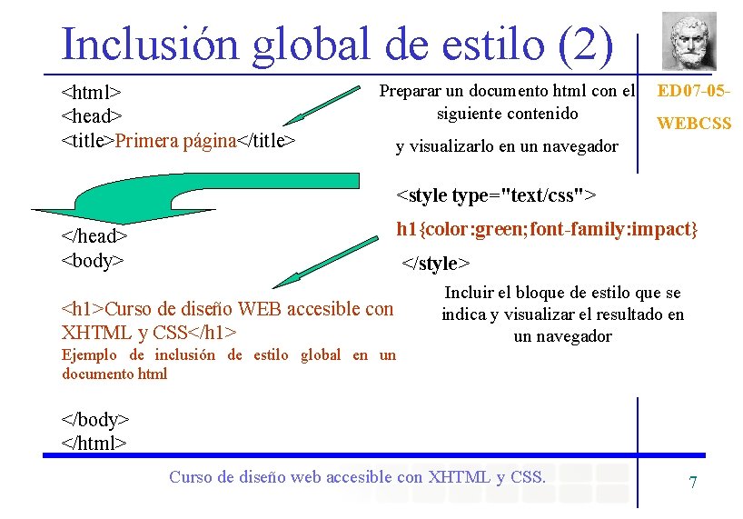 Inclusión global de estilo (2) <html> <head> <title>Primera página</title> Preparar un documento html con