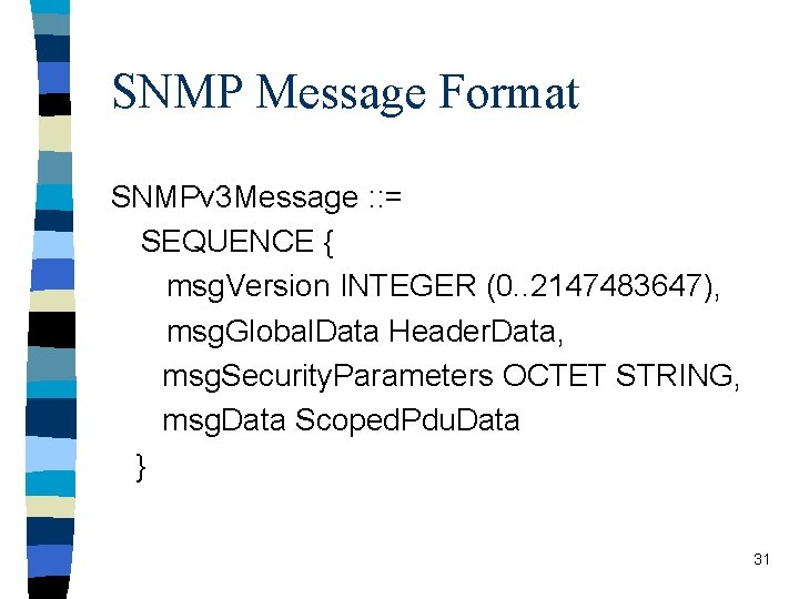 SNMP Message Format SNMPv 3 Message : : = SEQUENCE { msg. Version INTEGER