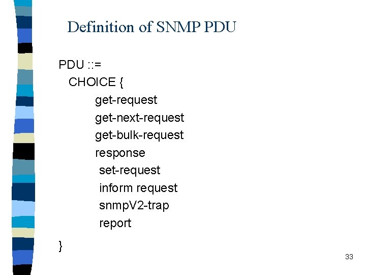 Definition of SNMP PDU : : = CHOICE { get-request get-next-request get-bulk-request response set-request