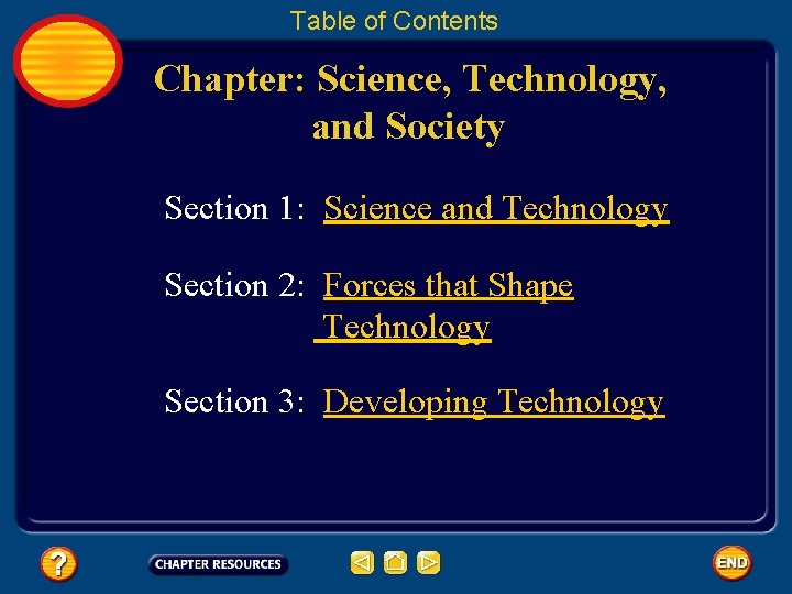 Table of Contents Chapter: Science, Technology, and Society Section 1: Science and Technology Section
