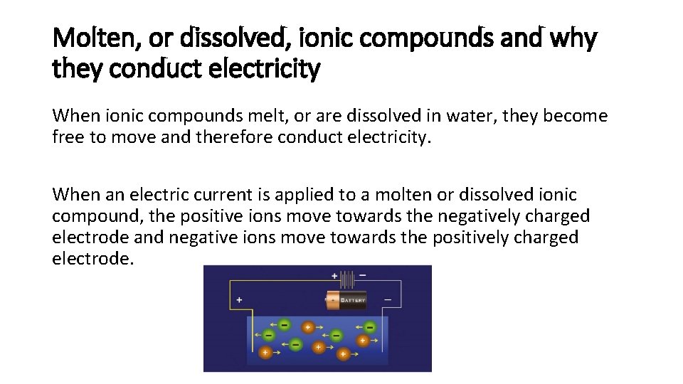 Molten, or dissolved, ionic compounds and why they conduct electricity When ionic compounds melt, Molten, or dissolved, ionic compounds and why they conduct electricity When ionic compounds melt,