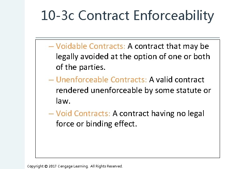 10 -3 c Contract Enforceability – Voidable Contracts: A contract that may be legally