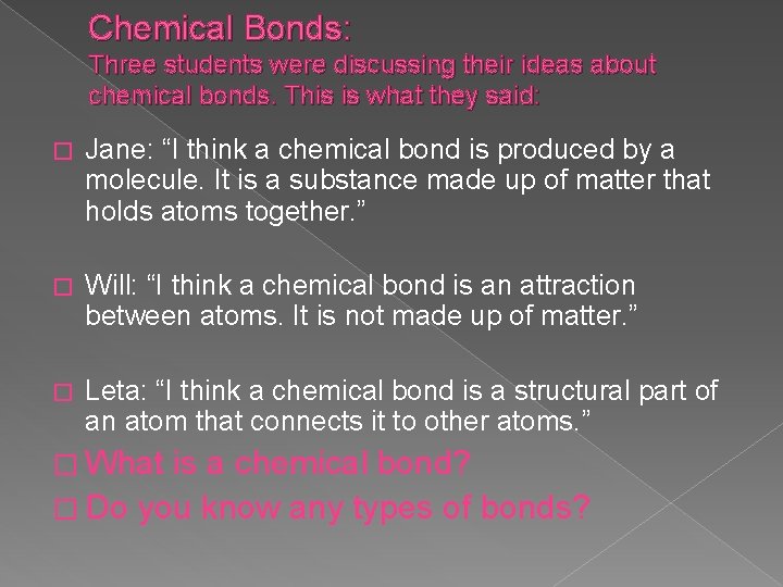 Chemical Bonds: Three students were discussing their ideas about chemical bonds. This is what