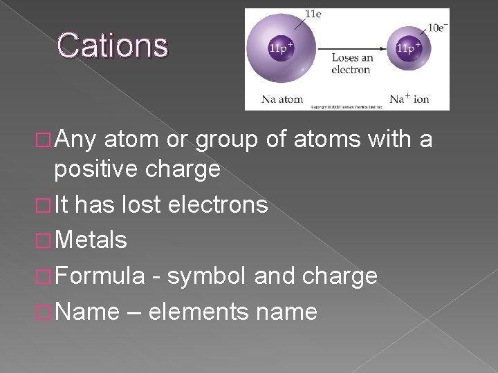 Cations � Any atom or group of atoms with a positive charge � It