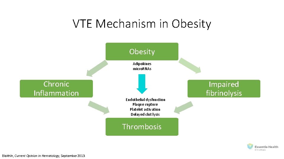 VTE Mechanism in Obesity Adipokines micro. RNAs Chronic Inflammation Endothelial dysfunction Plaque rupture Platelet