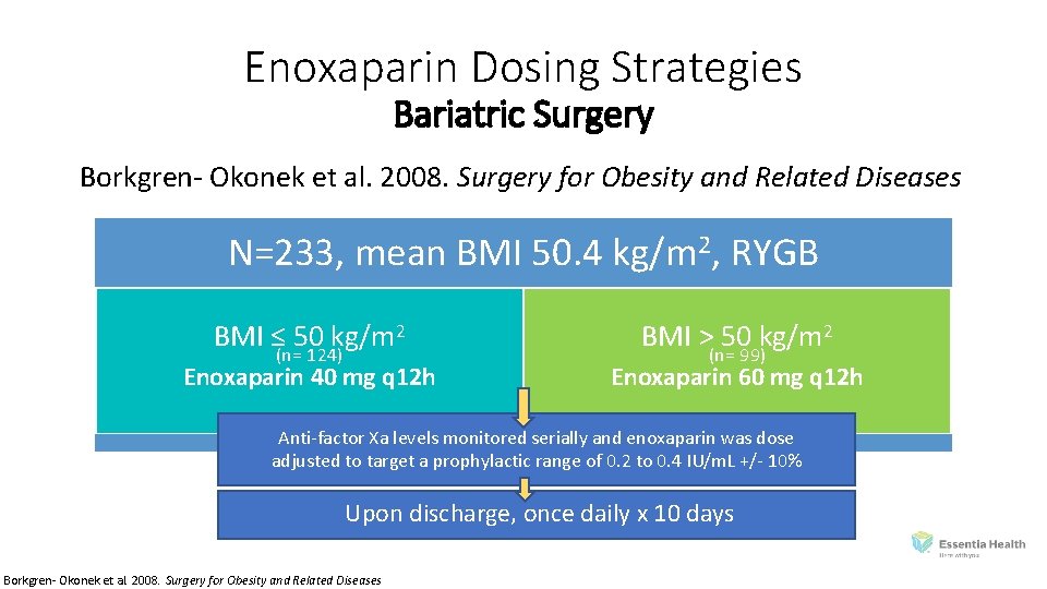 Enoxaparin Dosing Strategies Bariatric Surgery Borkgren‐ Okonek et al. 2008. Surgery for Obesity and