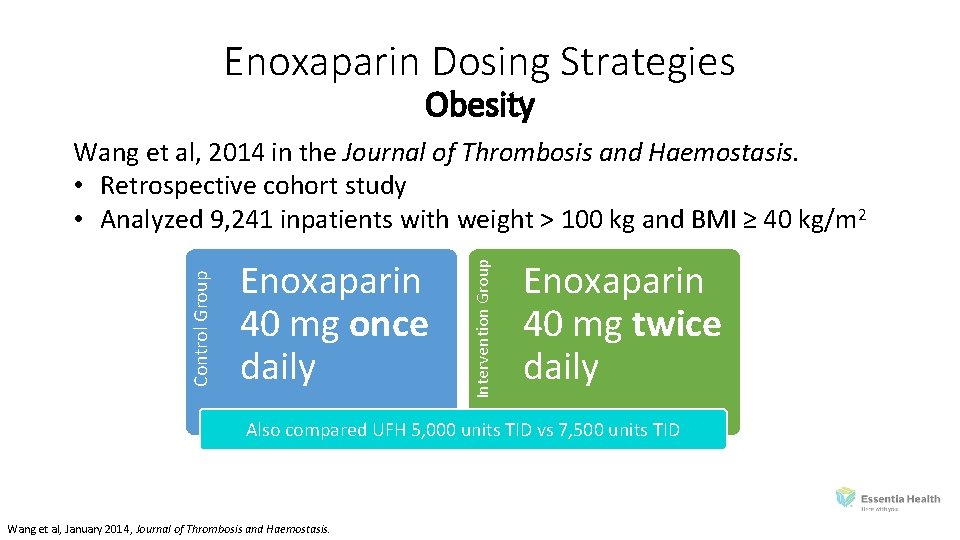 Enoxaparin Dosing Strategies Obesity Enoxaparin 40 mg once daily Intervention Group Control Group Wang