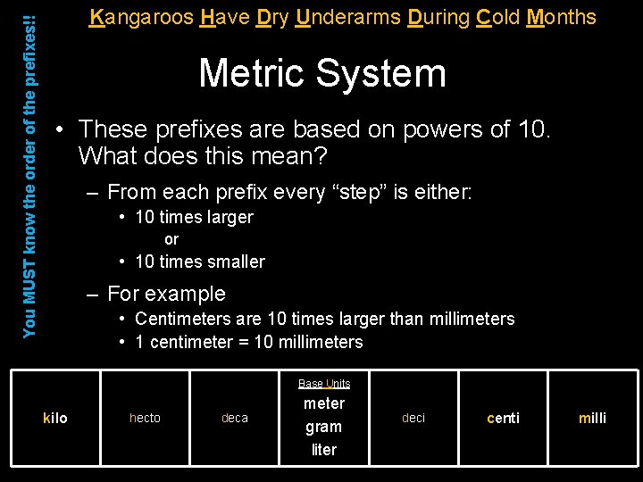 You MUST know the order of the prefixes!! Kangaroos Have Dry Underarms During Cold