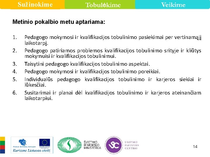 Sužinokime Metinio pokalbio metu aptariama: 1. 2. 3. 4. 5. 6. Pedagogo mokymosi ir