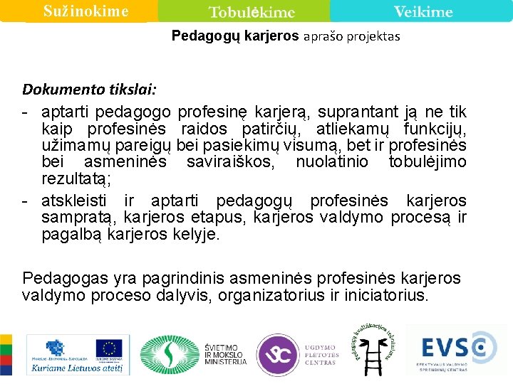 Sužinokime Pedagogų karjeros aprašo projektas Dokumento tikslai: - aptarti pedagogo profesinę karjerą, suprantant ją