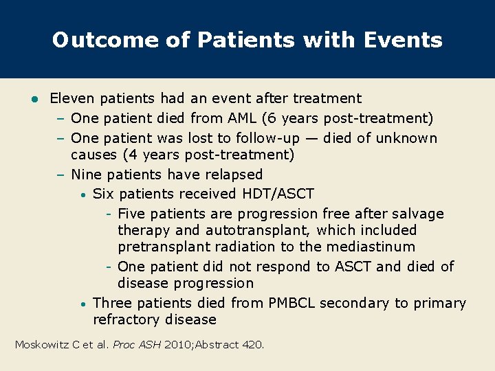 Outcome of Patients with Events l Eleven patients had an event after treatment –
