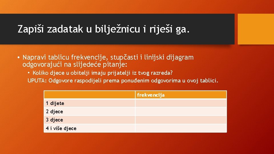 Zapiši zadatak u bilježnicu i riješi ga. • Napravi tablicu frekvencije, stupčasti i linijski