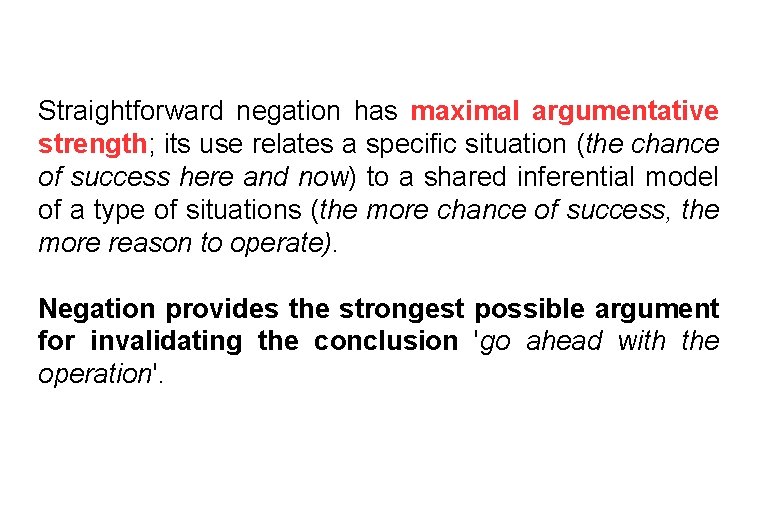 Straightforward negation has maximal argumentative strength; its use relates a specific situation (the chance