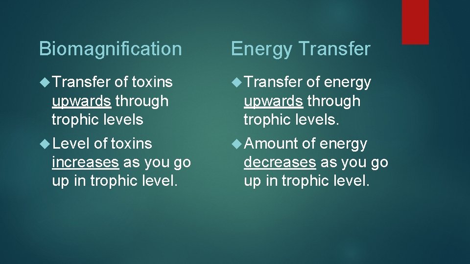 Biomagnification Energy Transfer Level Amount of toxins upwards through trophic levels of toxins increases