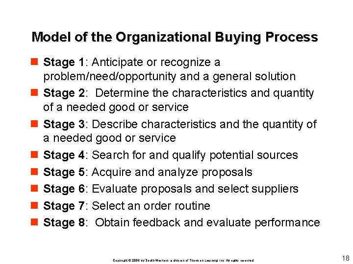 Model of the Organizational Buying Process n Stage 1: Anticipate or recognize a problem/need/opportunity