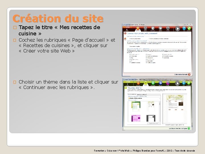 Création du site � Tapez le titre « Mes recettes de cuisine » �