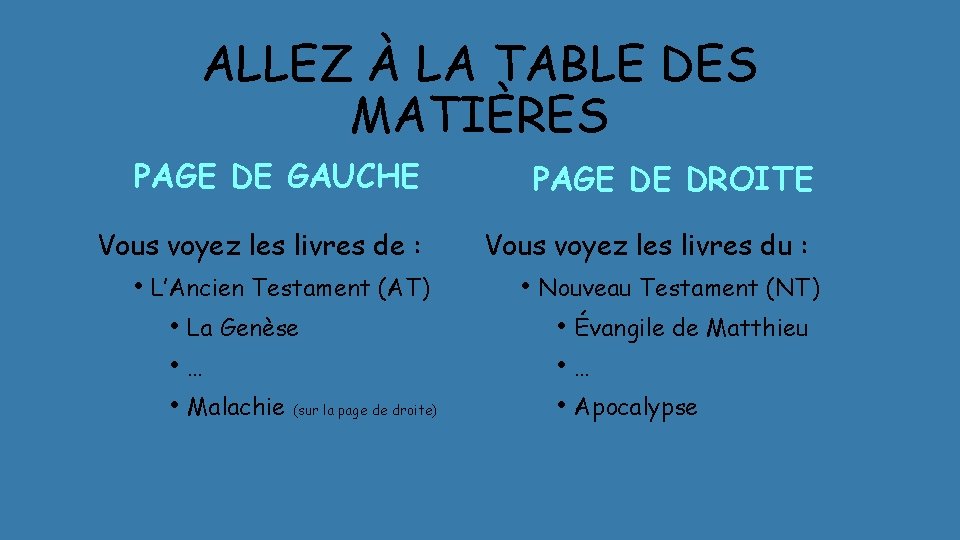 ALLEZ À LA TABLE DES MATIÈRES PAGE DE GAUCHE PAGE DE DROITE Vous voyez