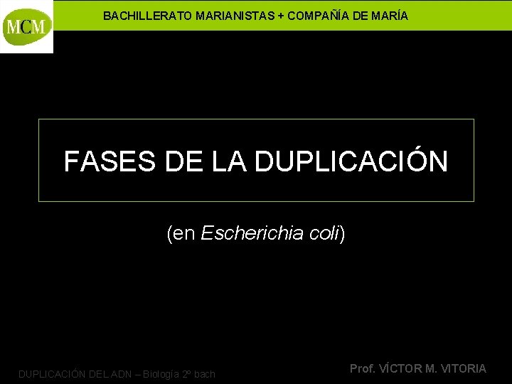 BACHILLERATO MARIANISTAS + COMPAÑÍA DE MARÍA FASES DE LA DUPLICACIÓN (en Escherichia coli) DUPLICACIÓN