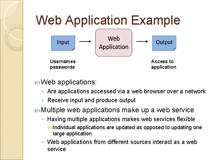 Web Application Example Usernames passwords Web Access to applications: ◦ Are applications accessed via