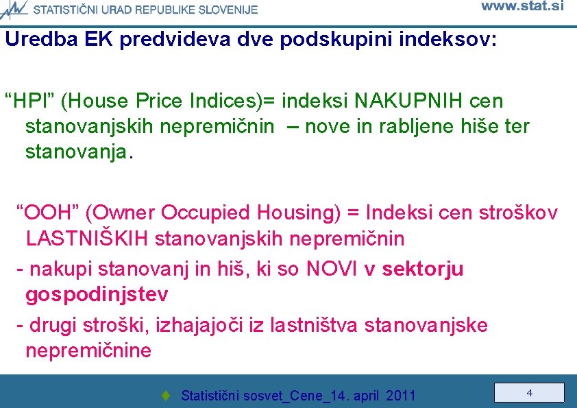 Uredba EK predvideva dve podskupini indeksov: “HPI” (House Price Indices)= indeksi NAKUPNIH cen stanovanjskih