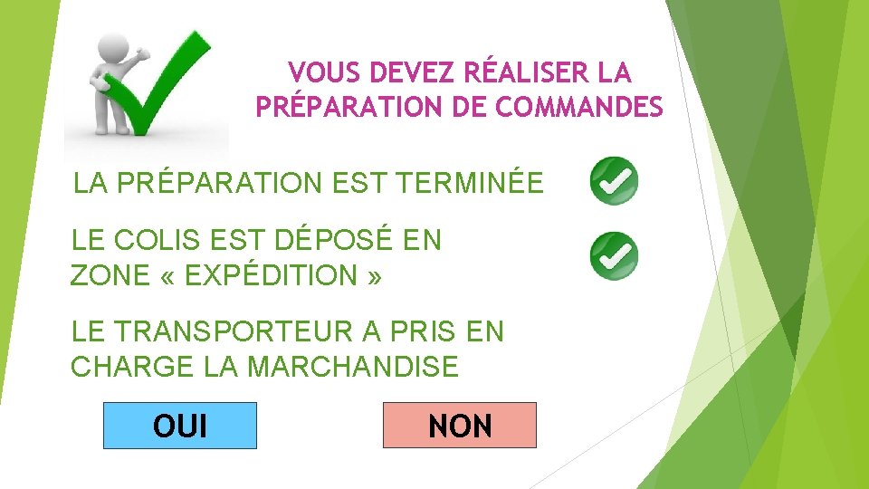 VOUS DEVEZ RÉALISER LA PRÉPARATION DE COMMANDES LA PRÉPARATION EST TERMINÉE LE COLIS EST