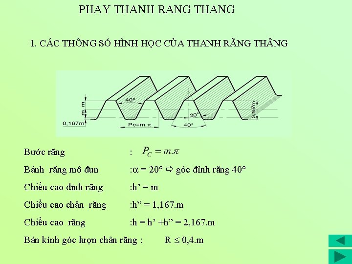 PHAY THANH RANG THANG 1. CÁC THÔNG SỐ HÌNH HỌC CỦA THANH RĂNG THẲNG