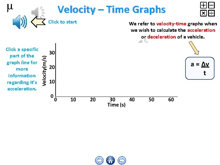 Velocity – Time Graphs Click to start Click a specific part of the graph