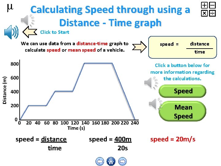 Calculating Speed through using a Distance - Time graph Click to Start We can