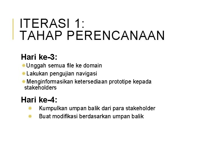 ITERASI 1: TAHAP PERENCANAAN Hari ke-3: Unggah semua file ke domain Lakukan pengujian navigasi
