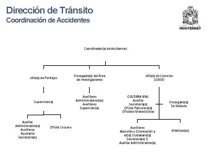 Dirección de Tránsito Coordinación de Accidentes Coordinador(a) de Accidentes Jefe(a) de Peritajes Encargado(a) del