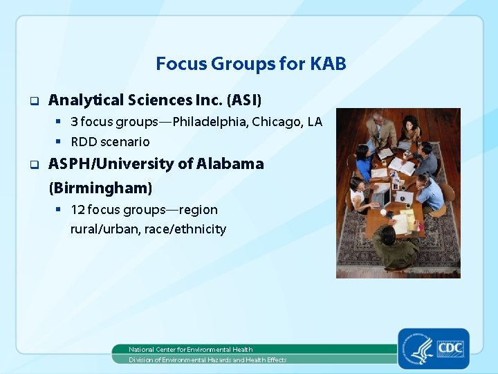 Focus Groups for KAB q Analytical Sciences Inc. (ASI) § 3 focus groups—Philadelphia, Chicago,