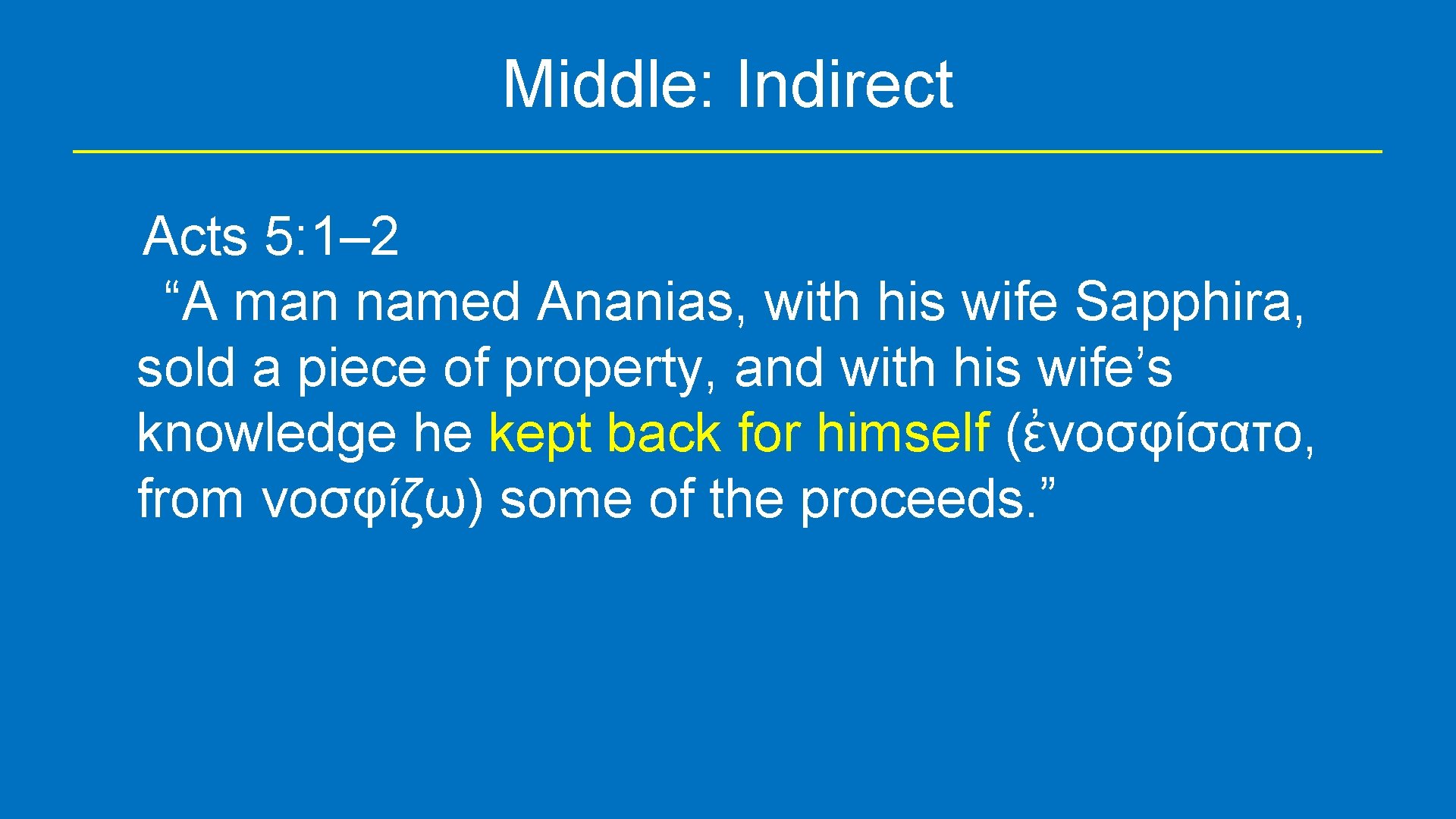Middle: Indirect Acts 5: 1– 2 “A man named Ananias, with his wife Sapphira,