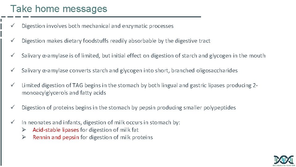 Take home messages ü Digestion involves both mechanical and enzymatic processes ü Digestion makes